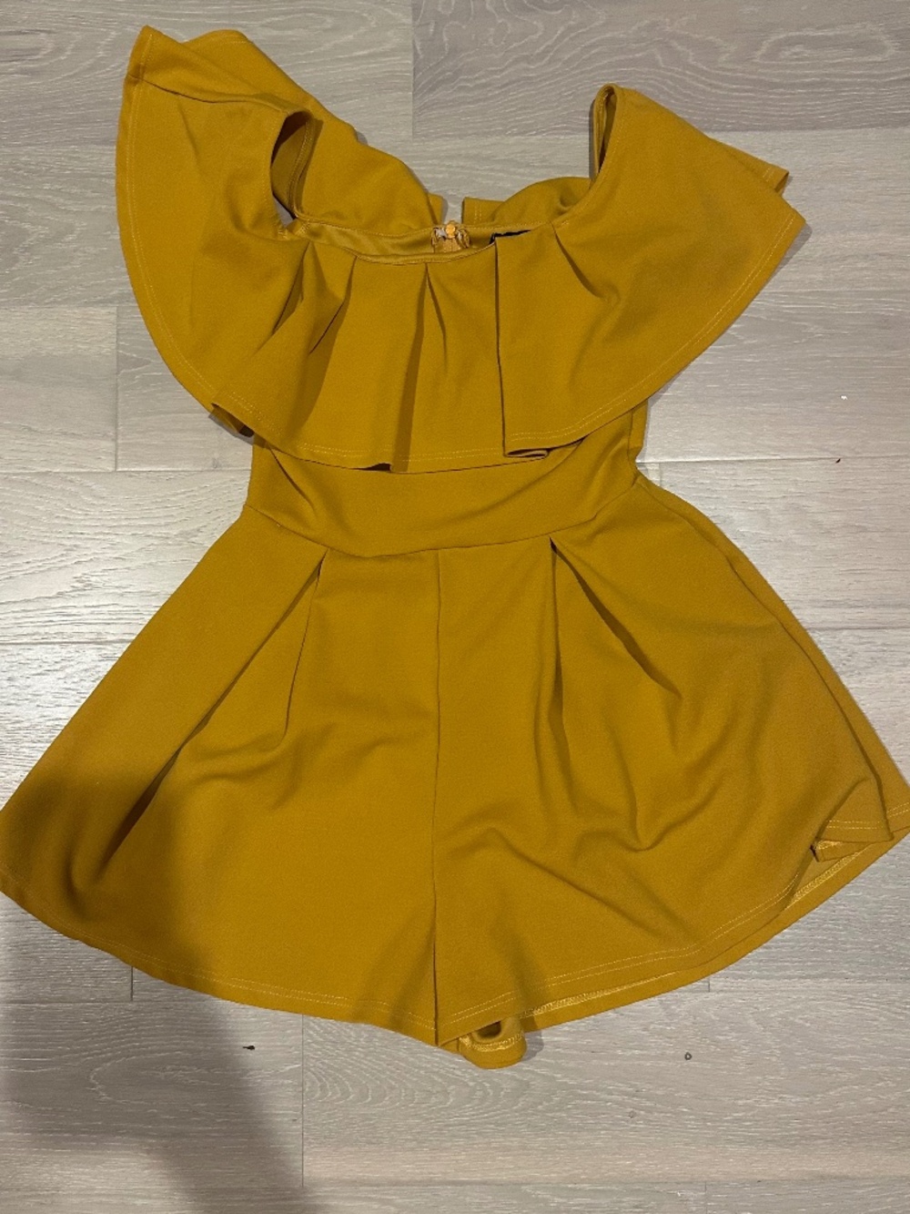 mustard off the shoulder ruffle sleeve short romper